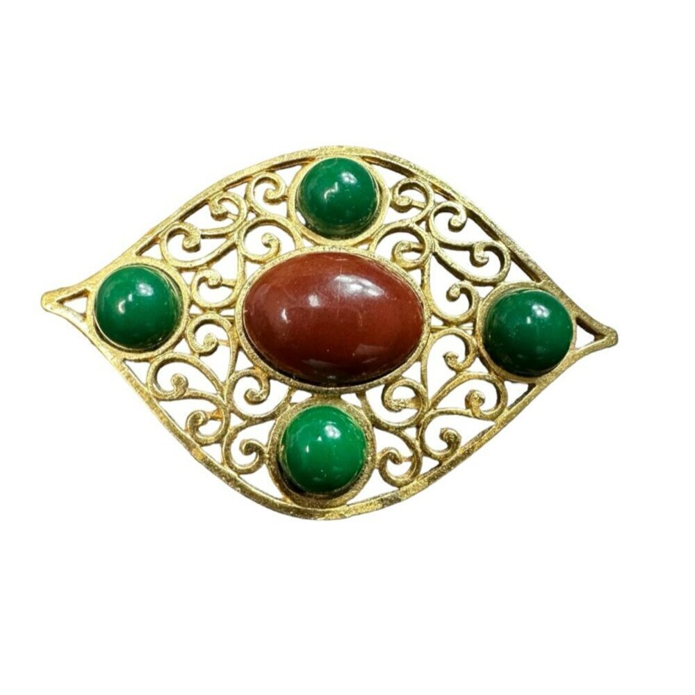 Vintage Coro Brooch Signed Faux Jade and Carnelian Gold‎ Tone